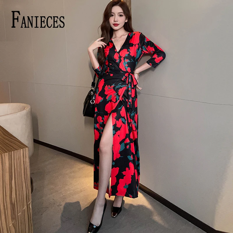 

FANIECES فساتين طويلة Holiday Long Dress 2024 Flower Print Red Sexy V Neck Wrap Maxi Dresses Plus Size Beach Dress جديد في فساتي