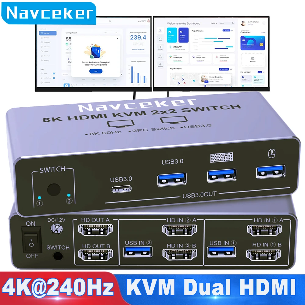 2K 240Hz HDMI KVM Switch 2 Monitors 2 PCs 4K 240Hz USB 3.0 8K Docking Station Sharing Keyboard Mouse for Laptop Desktop Printer