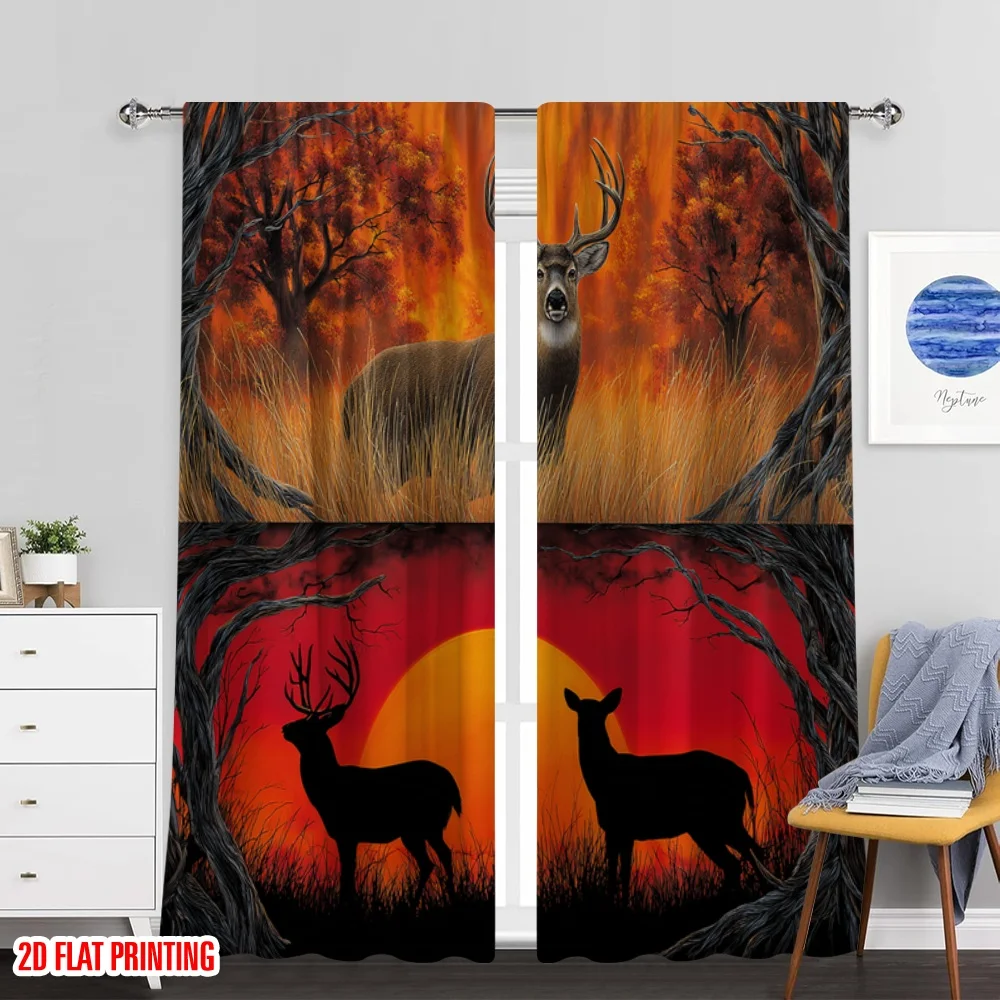 2 قطعة 2D الطباعة المسطحة الستائر Whitetail الغزلان الغروب صورة ظلية الرقمية المطبوعة البوليستر الستائر الموسمية الطرف و عطلة ديكور
