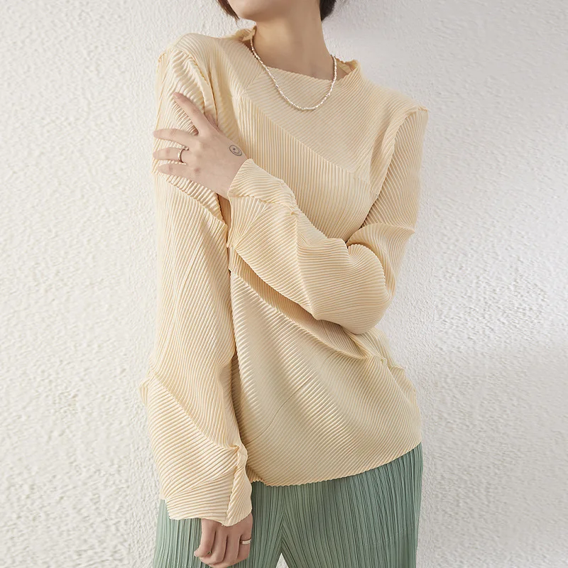 

T shirt For Women 45-75kg Spring Solid Colour Long Sleeved Elastic Loose Miyake Pleated Tee Top Female