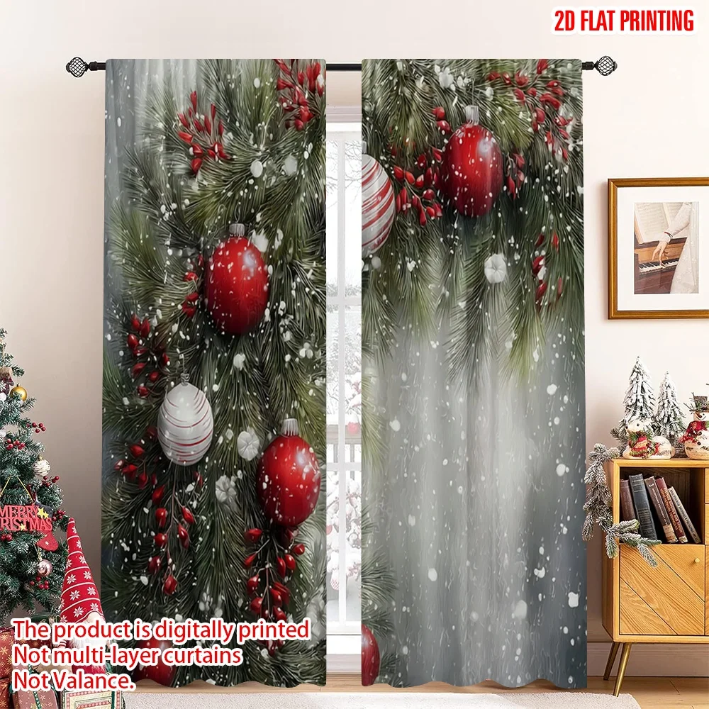 2 قطعة 2D الطباعة المسطحة عيد الميلاد المشهد الستائر عيد الميلاد الصنوبر إبرة كرة الثلج الأحمر طباعة نطاق وأنيق 100% ألياف البوليستر #1