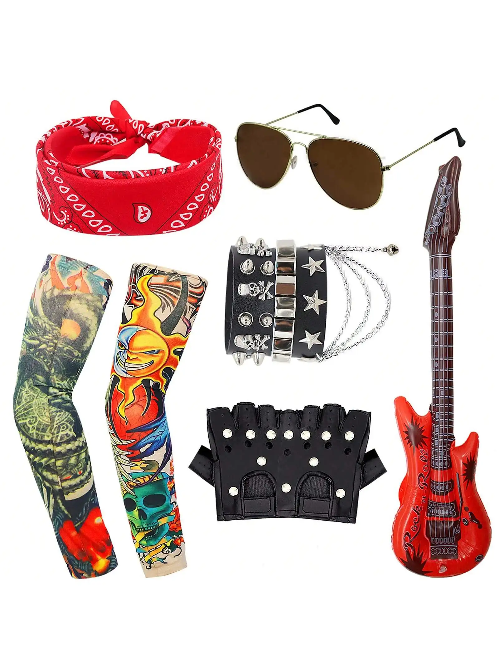 6 Pcs Punk Rocker Gothic Party Kit 80s 90s Inflatable Microphone and Guitar Sleeves Arm, Vintage Red Headband, Sunglasses