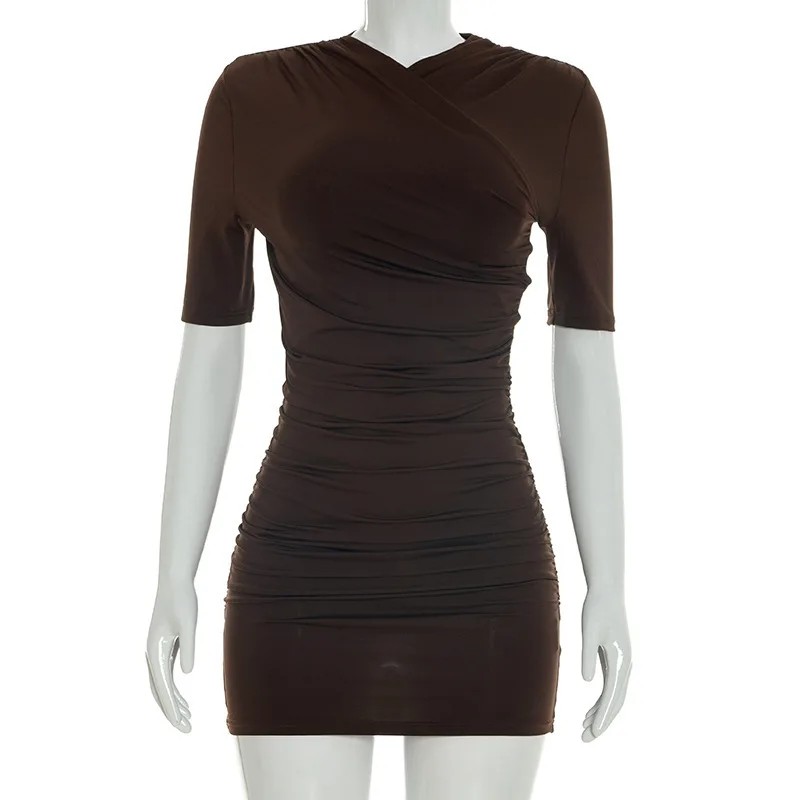 Elegantes Gerafftes Minikleid Damenmode Einfarbiges Vintage Braunes Bodycon Sexy Kleid Sommer Hochgeschnittenes Party Y2k Damenkleid – Detail 8