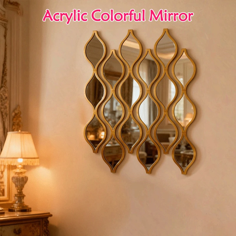 Espejo de baño combinado en forma de lágrima de 12 piezas |   Espejo decorativo artístico dorado para dormitorio, sala de estar, pared decorativa para pasillo