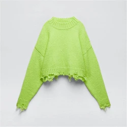 Women Fashion Stand Collar Solid Color Broken Hole Design Short Sweater Female Green Long Sleeve Pullovers Chic Tops