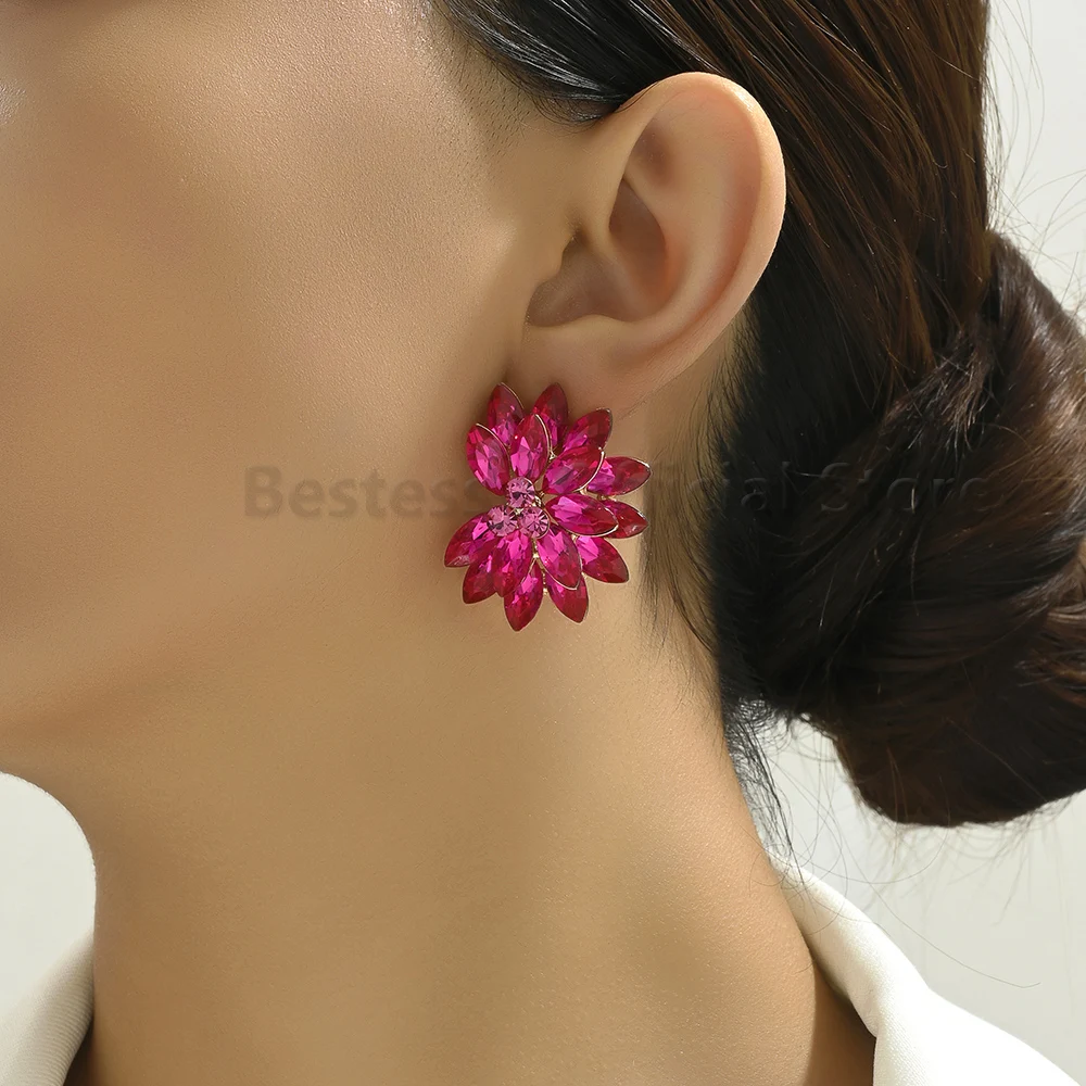 Colorful Flower Design Big Stud Earrings For Women Vintage Elegant Style Alloy Glass Fashion Luxury Jewelry Valentine Gift 2025