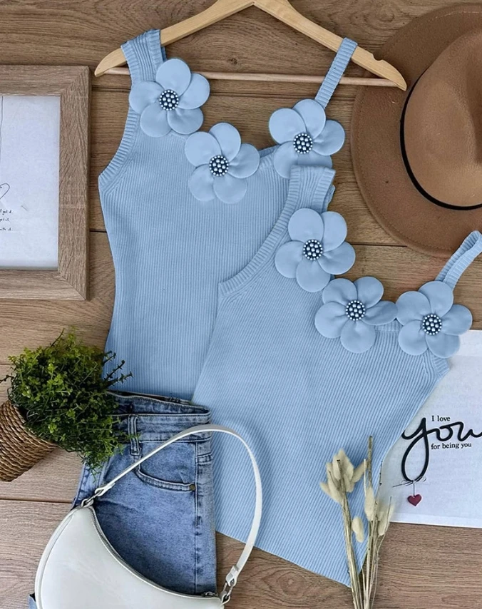 Chaleco con estampado Floral para mujer, camiseta sin mangas de punto con cuentas de retales, cuello asimétrico, tirantes ajustados para vacaciones,