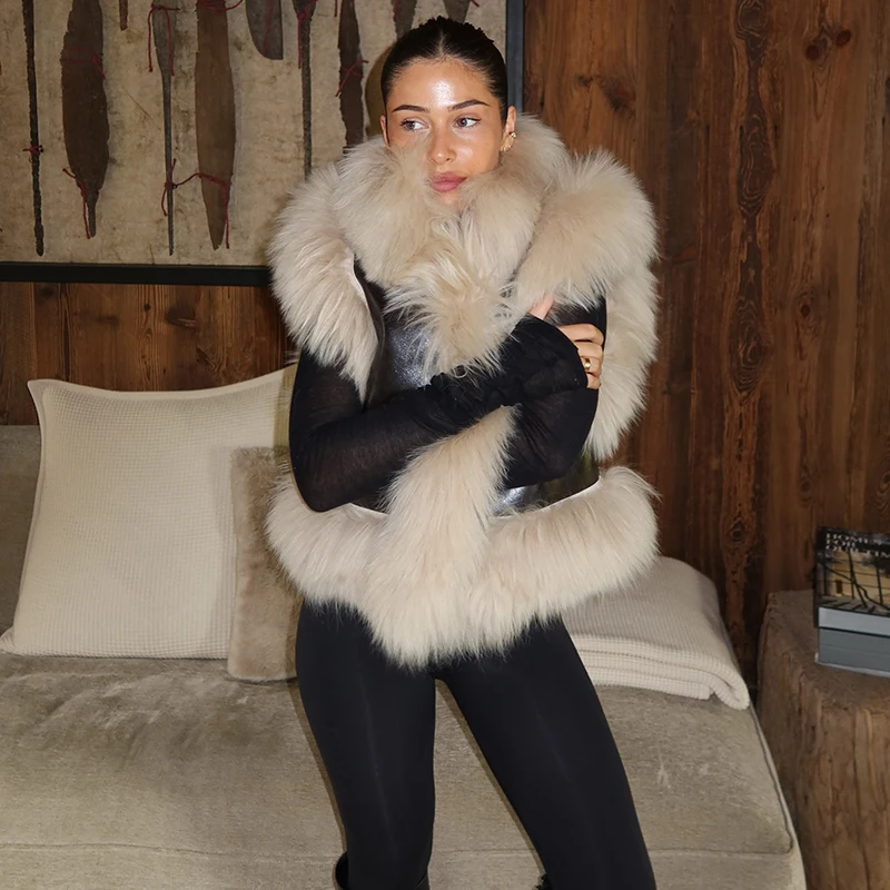 Women's Women Faux Fur Spliced Pu Leather Vest Chic Puffy Collar Loose Outerwear Vest 2026 New Winter High Street Warm Waistcoat