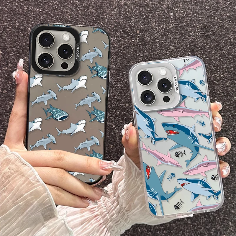 

Cartoon Shark For iPhone 7 8 Plus Xr Xs 11 Pro 12 ProMax 13 Mini 14 Pro 15 Plus 16 Pro Max IMD Colorful Silver Phone Case