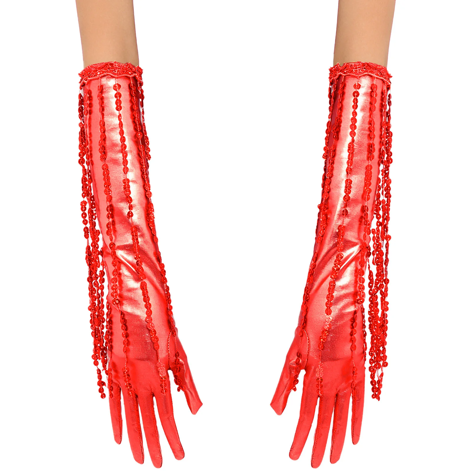 レディースのまばゆいスパンコールフリンジグローブ、メタリックな輝き、1920年代のオペラスタイルのグローブアクセサリー、プロムや社交ダンスのパフォーマンスに最適