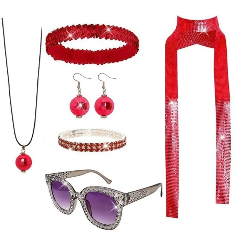 7Pcs/Set Women Cosplay 1980s Rockstars Cool Outfits Accessories Ball Party Costume Dress Up Props for Adults Teenagers Kids