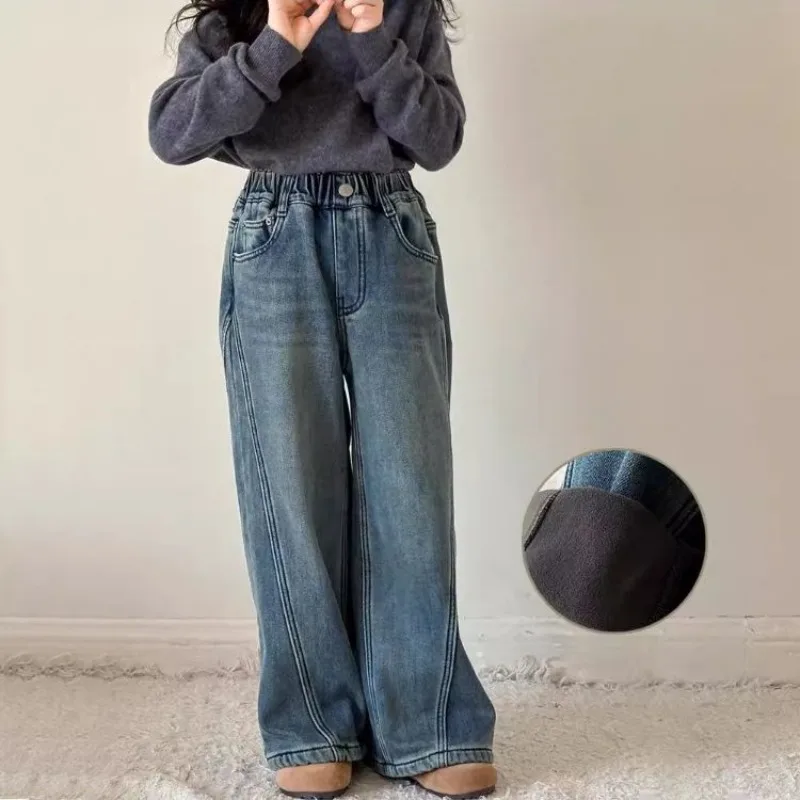 Girls Fleece Lined Jeans Autumn Winter Wide Leg Straight Denim Pants 2026 Kids Thick Warm Trousers
