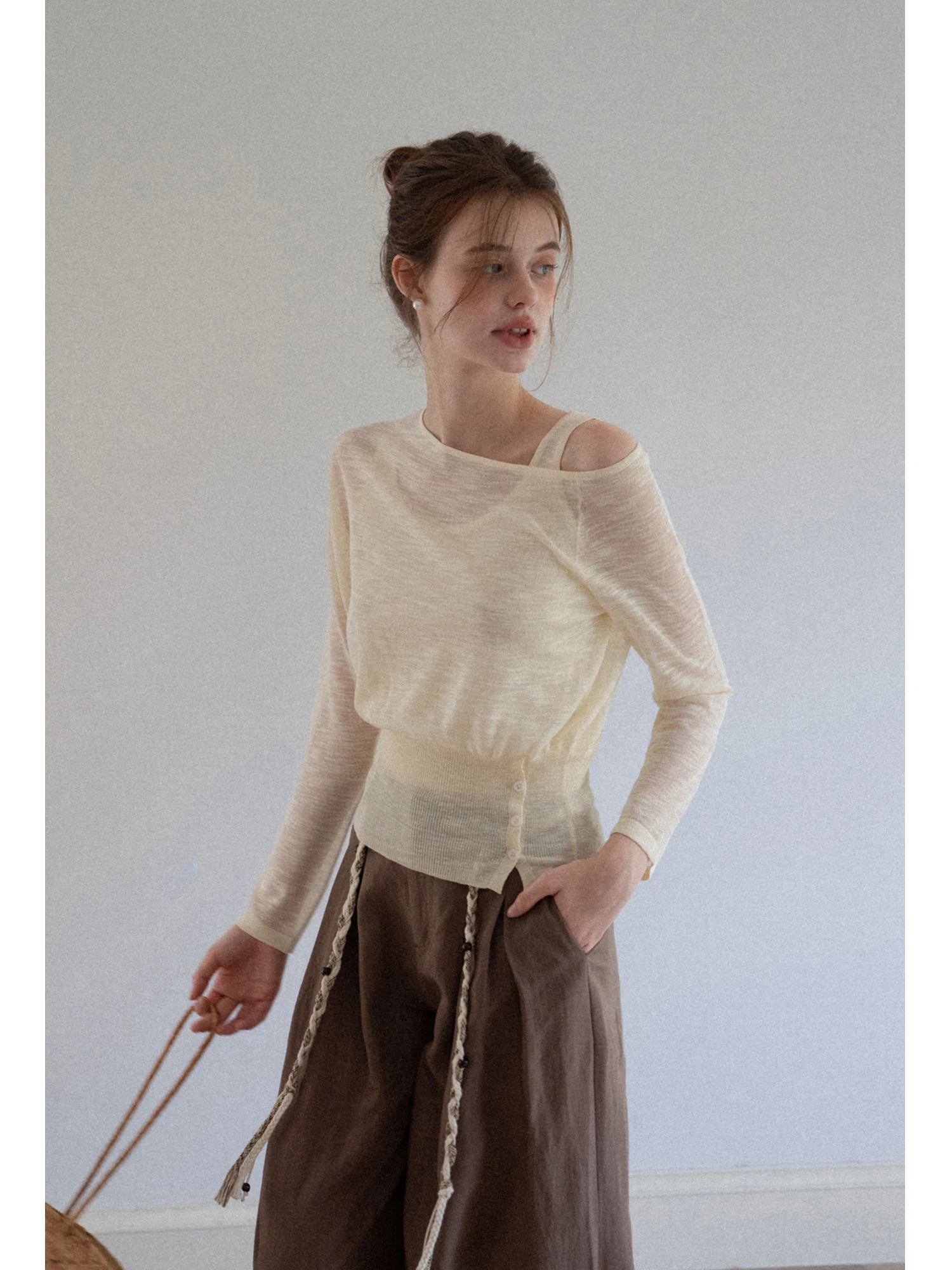 

Eggka Knitted Long Sve Vest Top Thin Spring Casual irt Layering oulder Baring Clothes Women's Faion Straight Cut Kni...