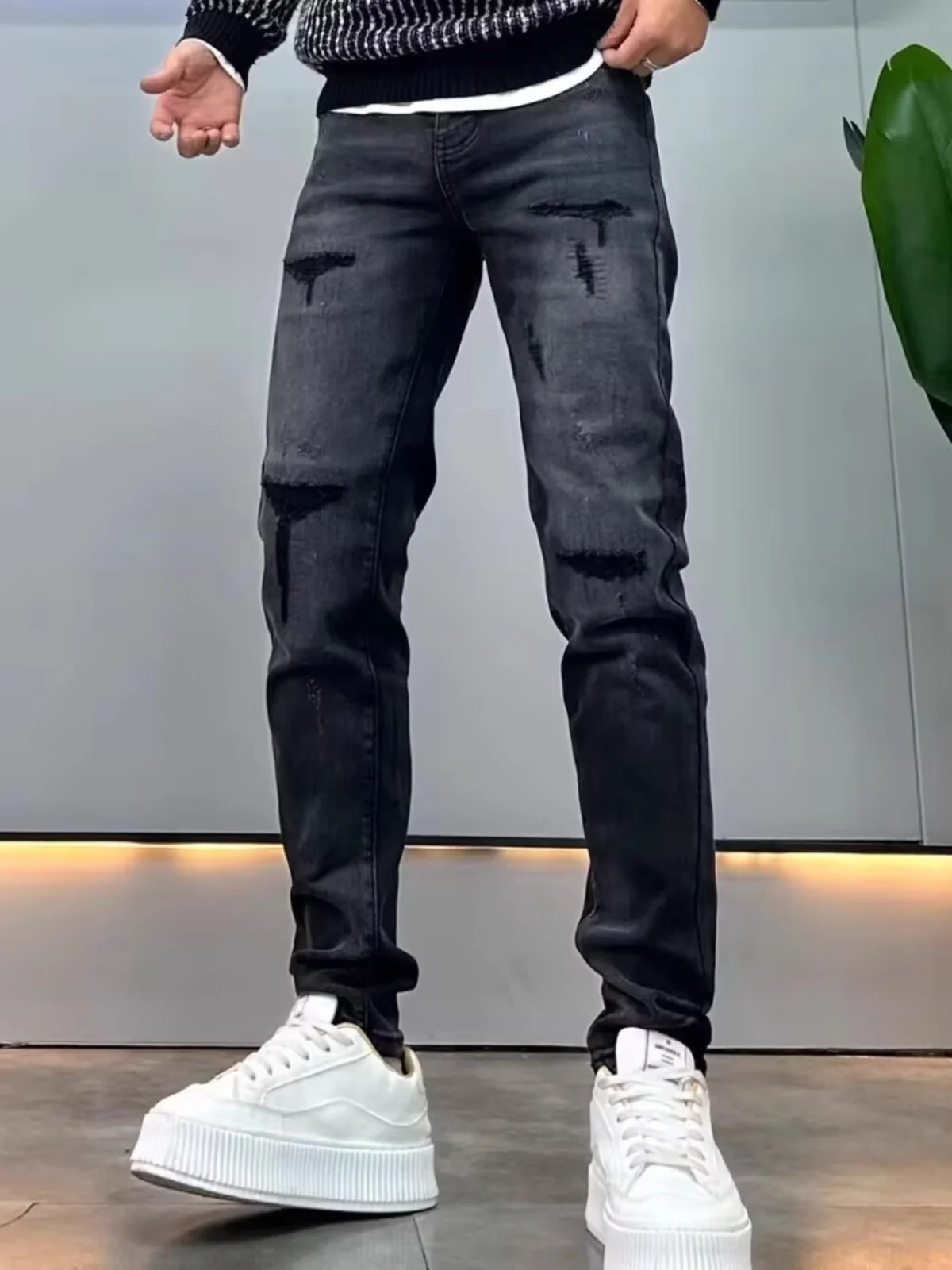 

Мужские джинсы с прямыми штанинами приталенного кроя, осенние новые повседневные длинные брюки высокого класса с нашивкой, молодежная мода