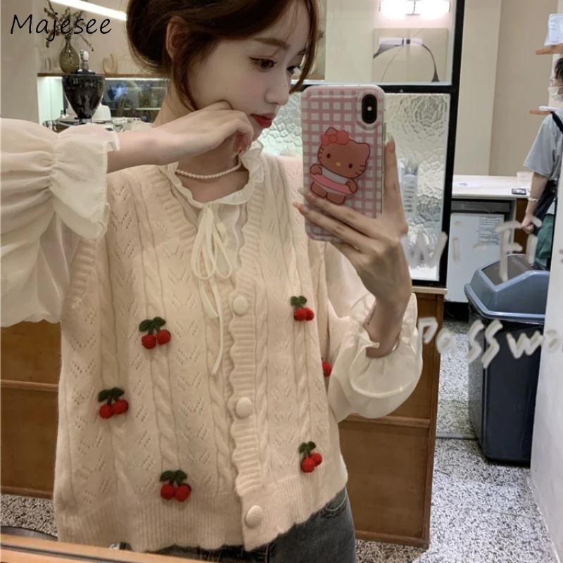 

Sweater Vest Women Sweet Cherry-appliques Fall Chic Knitted V-neck Jumpers Jacquard Fashion Simple Casual Pure Color All-match