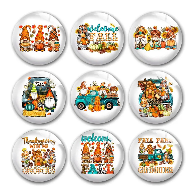 Thanksgiving Fall October Cute Gnome Dwarf Round Photo Glass Cabochon Demo Flat Back DIY Jewelry Making Supplies Snap Button