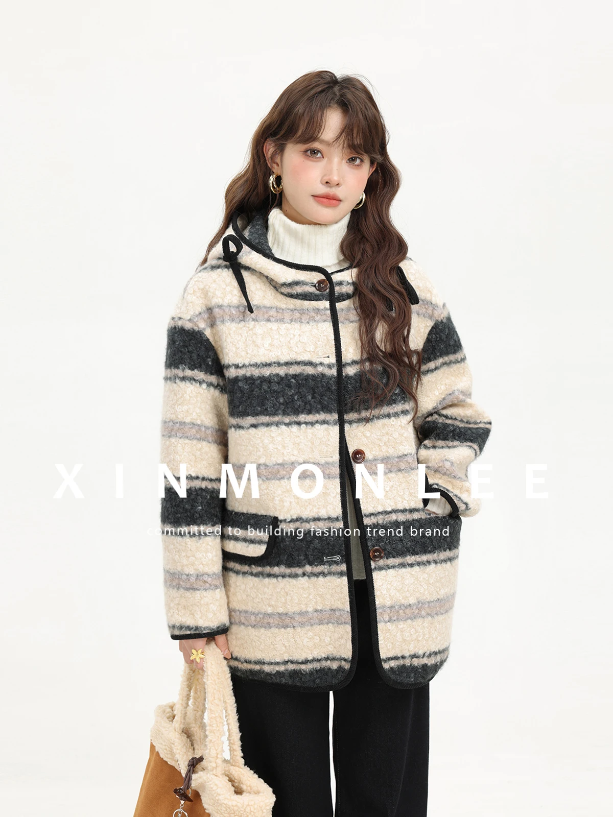 Xinmon Premium Korean Style Retro Color Block Striped Hooded Lamb Fur Jacket Autumn Winter New Arrival mid Length Coat