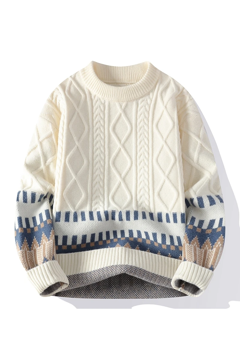 メンズツイストパターン厚手プルオーバー、パッチワークセーター、ルーズニットセーター、Oネック、厚手のボトム、秋、冬、2022