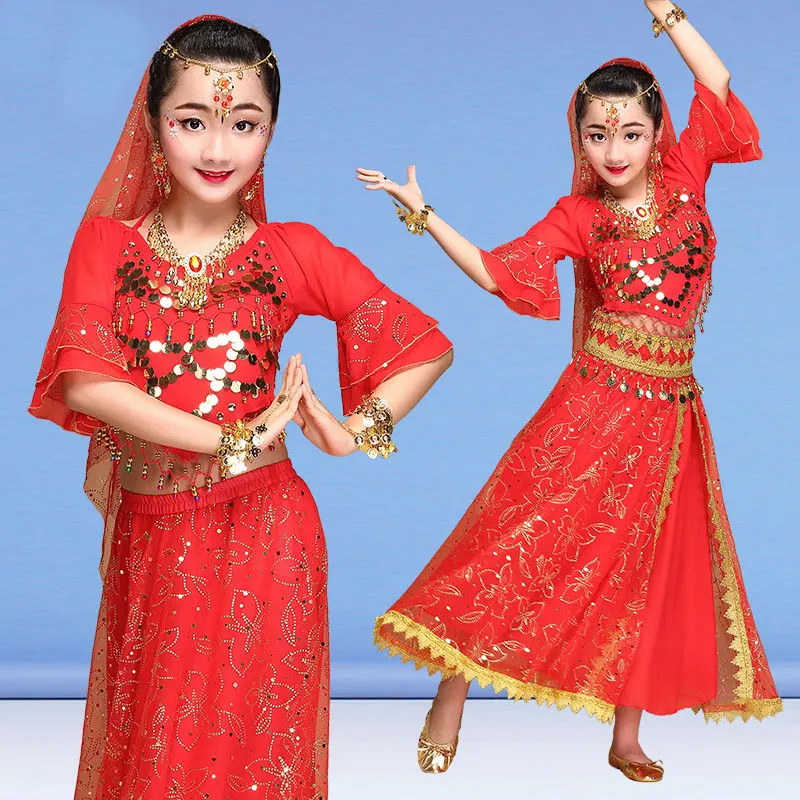 

4PCS Girl Belly Dance Costumes for Children Belly Costumes Skirt Set Girls Bollywood Dancing Dress Kid Indian Stage Dance Suit