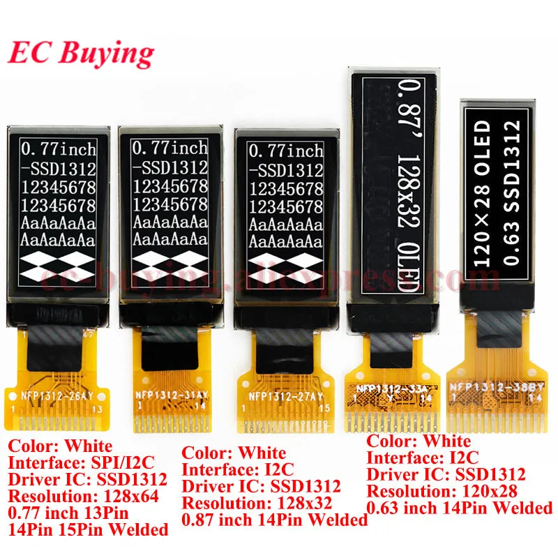 0.63 0.77 0.87 inch OLED Display 0.63'' 0.77'' 0.87" White LCD Bare Screen SSD1312 Serial Port 120x28 128x64 128x32 IIC Welded