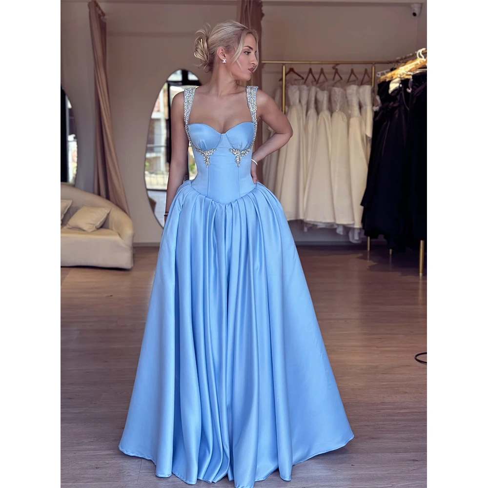 

MVOZEIN Light Blue Satin Evening Dresses 2026 Elegant Sweetheart Beaded Strap Ball Gown for Women Wedding Party Attire
