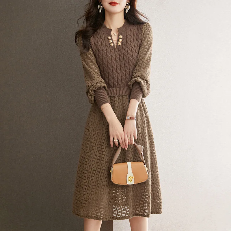 Temperament celebrity knitted dress 2024 autumn and winter new fashion lantern sleeves fake two long sweater skirt