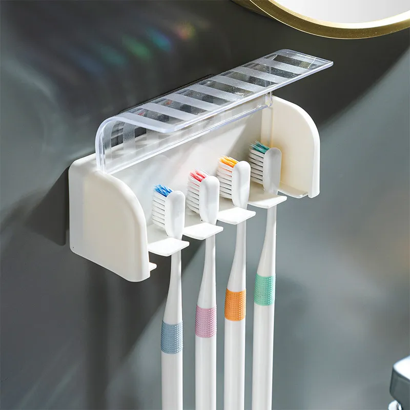 A Covered 5-Slot Toothbrush Holder Self-Adhesive Wall Toothbrush Storage Rack Plastic Bathroom Supplies