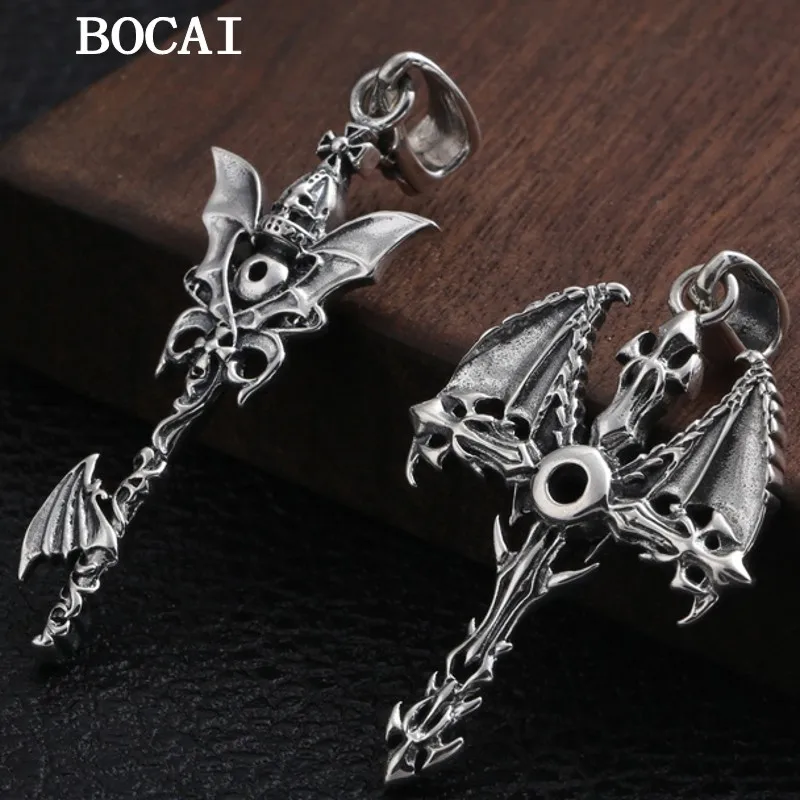 BOCAI NEW S925 Sterling Silver Vintage Personalized Fashion Divine Axe Staff Pendant  Gift for Men and Women