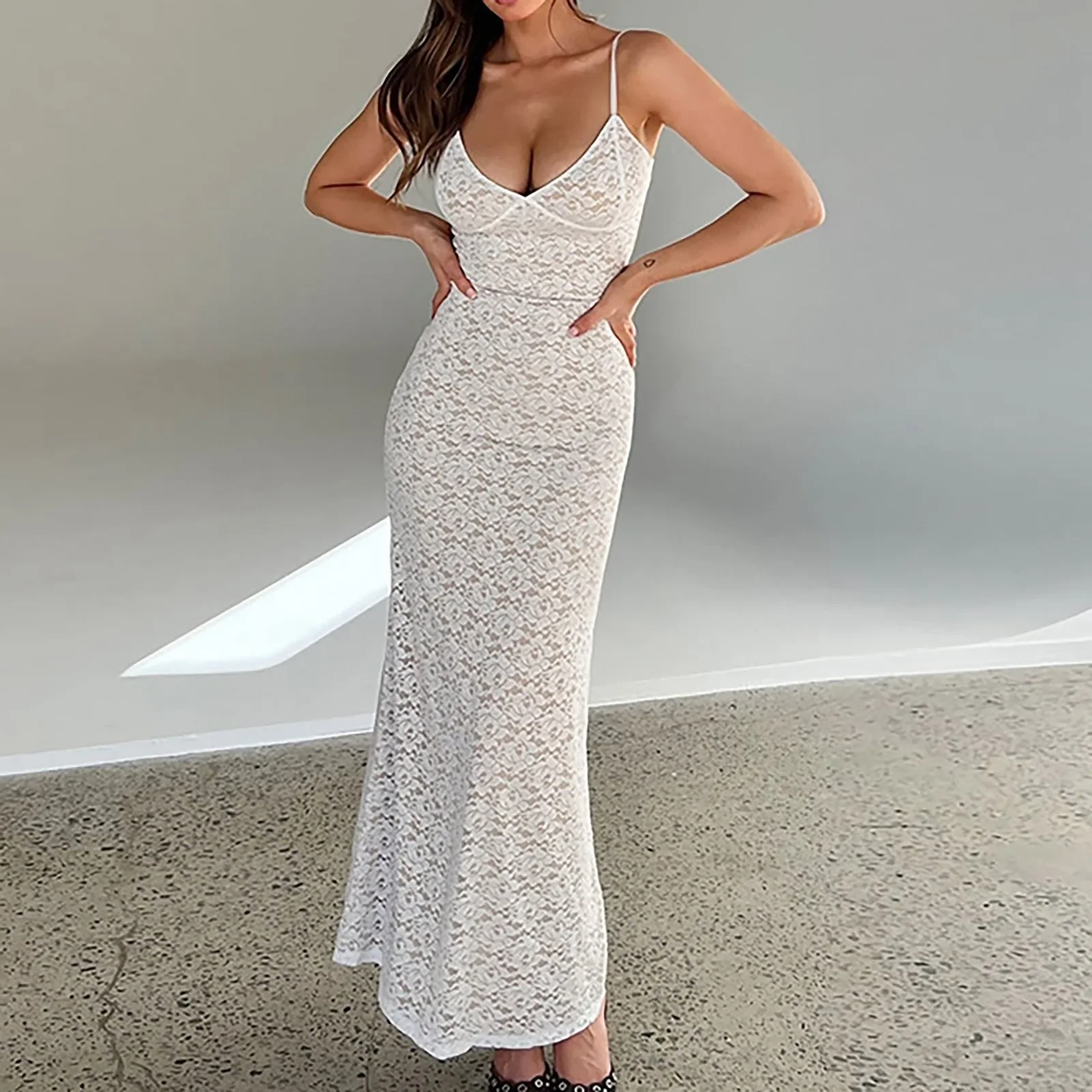 

Sexy Solid Lace See Through Women Sling Dresses Fashion Sleeveless Backless Maxi Prom 2023 Summer Party Club Femme Vestidos