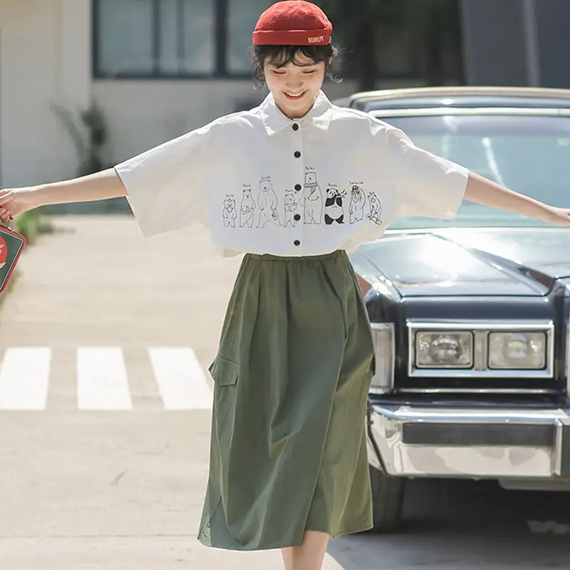 

Short Sleeve Shirts Womens Time NewAllmatching Birds Version Breathable Buttoned Kawaii Peter Pan Girly Plussize Travel Deep