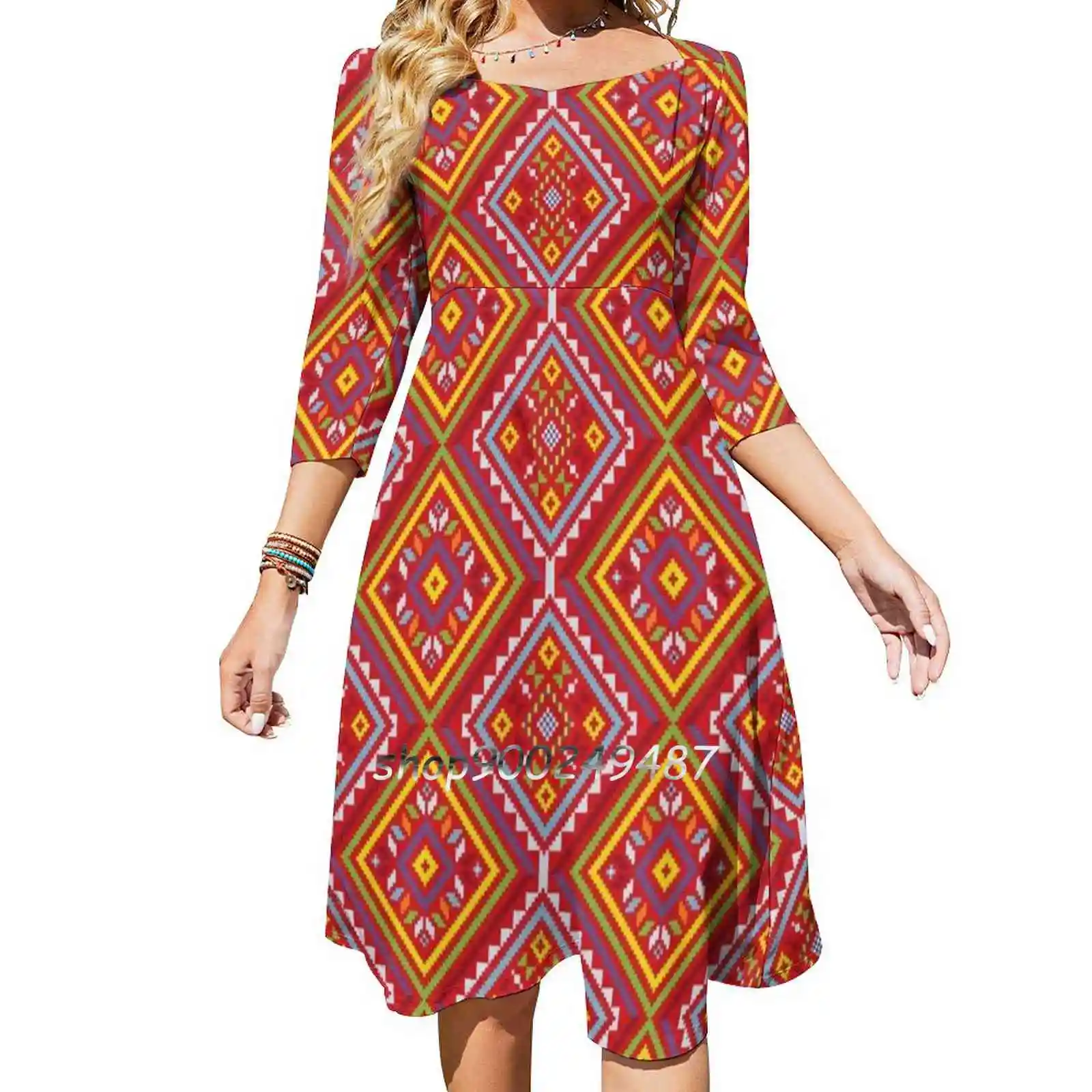 Ethnic Filipino Tribal Pattern-Yakan 1 Square Neck Dress Sweet Summer Dress Women Elegant Halter Print Dress Cbgl Philippines