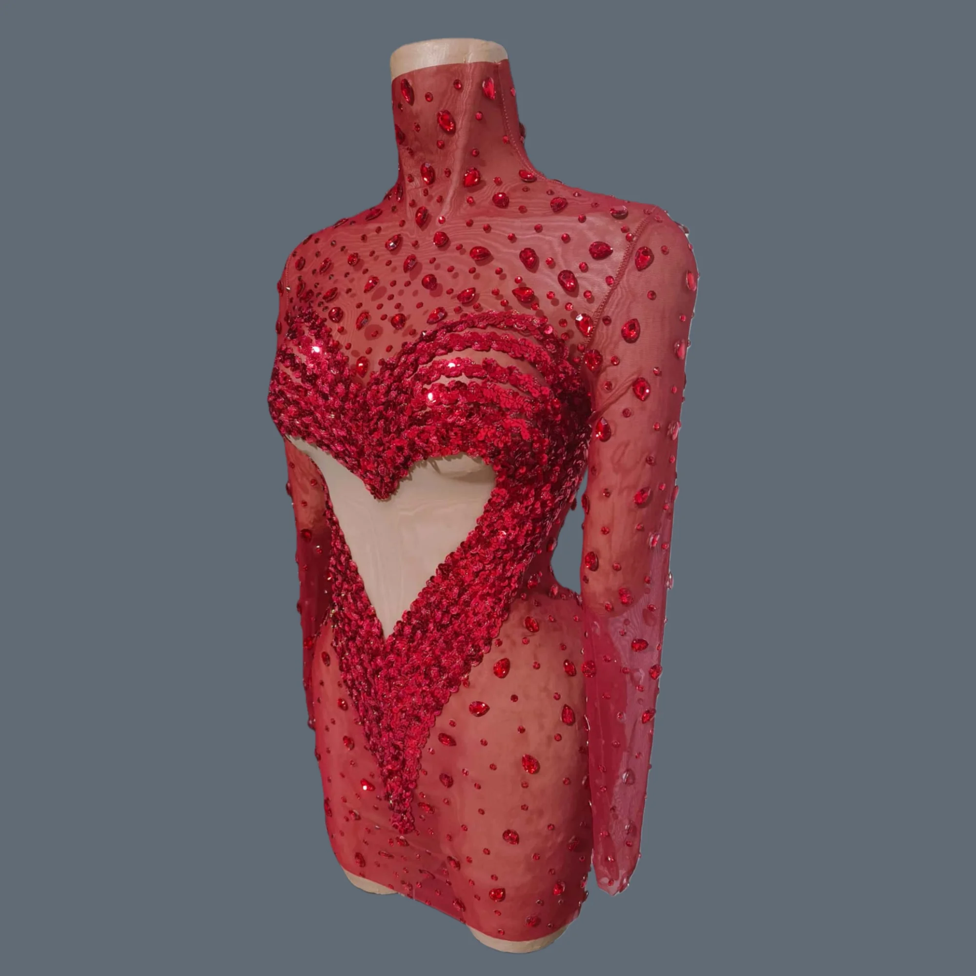 

Heart-shaped Sequins Red See Through Mesh Sexy Dress Sparkly Rhinestone Festival Mini Dress Dance Birthday Party Outfit Xintiao