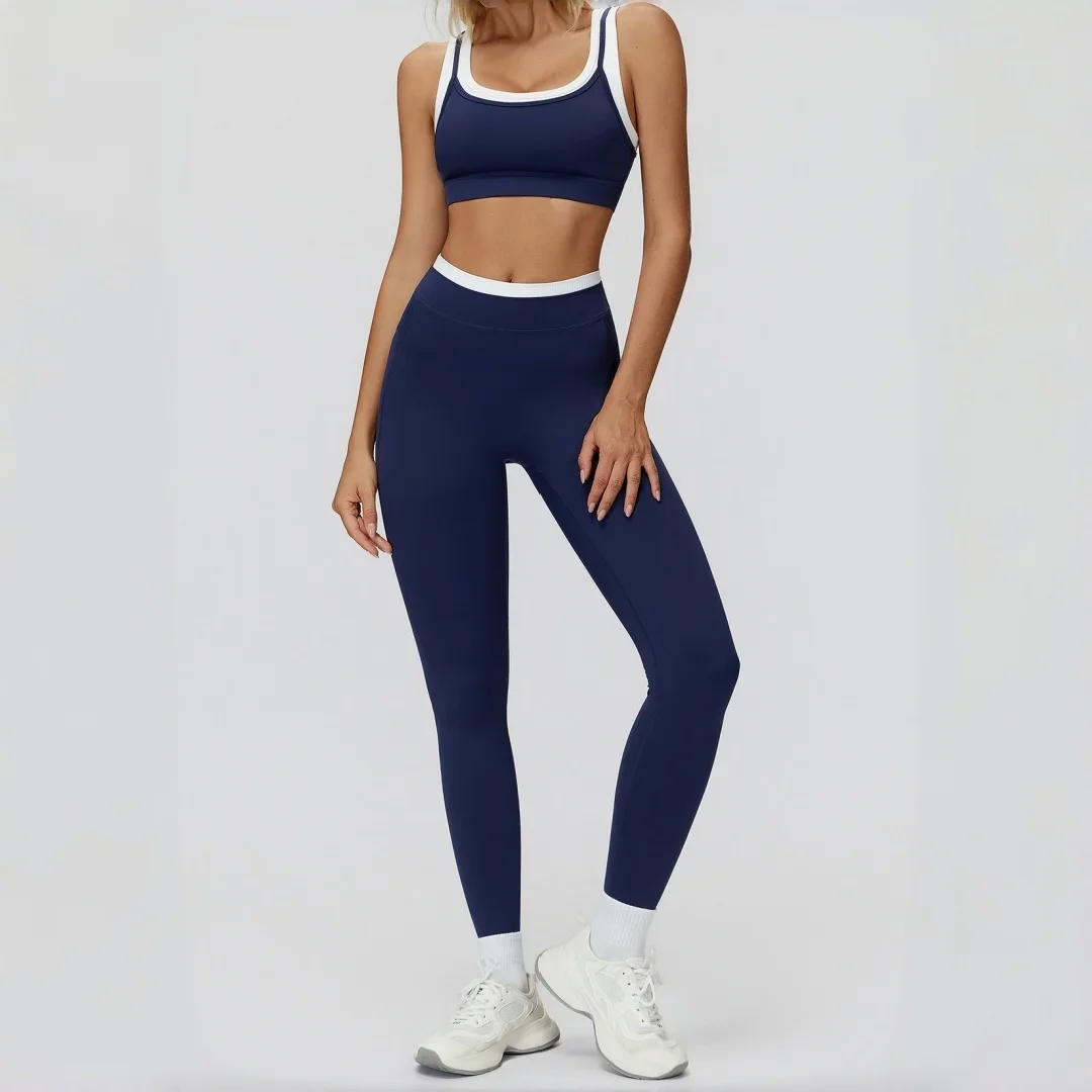 Set da yoga finto in due pezzi color block da donna fitness a costine a vita alta pesca anca casual corsa allenamento abbigliamento palestra set sportivo