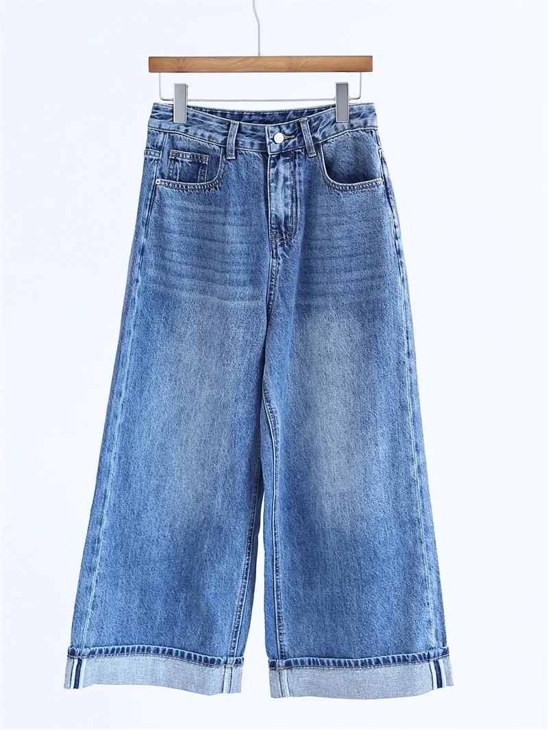 

Retro Washed Distressed Loose Women's High Waist Slimming Casual Versatile Straight Leg Nine-Tenths Denim Cotton Wide Leg Pants