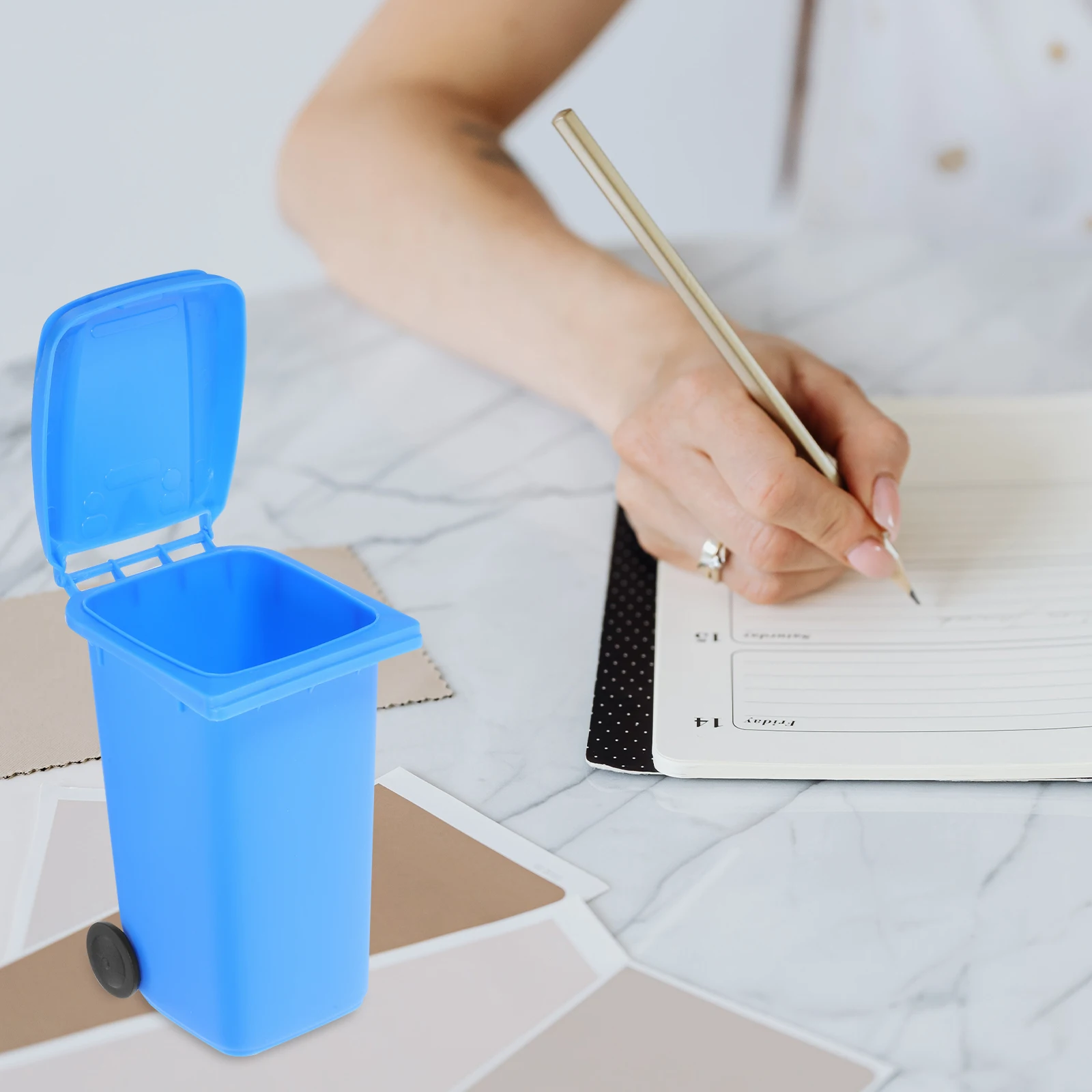 2pcs Desktop Trash Can Blue Pp Waste Bucket Small Mini Garbage Container Office Pen Holder Tabletop Countertop Storage Can