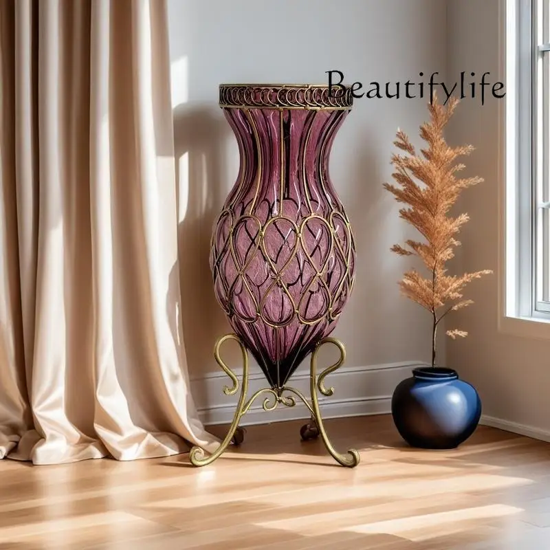 Arte rojo europeo piso creativo vidrio púrpura florero grande hidropónico rico lirio de bambú gran arreglo floral para sala de estar