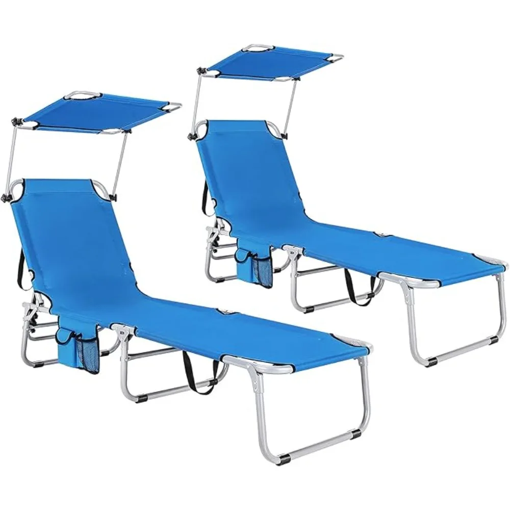 

Folding Chaise Lounge Pool Lounge Chairs Set of 2, Outdoor Sun Tanning Chairs with Canopy Shade, Reclining Back, Steel Frame
