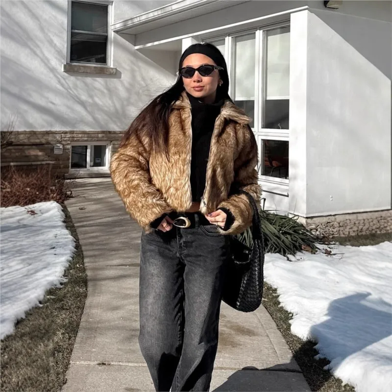 Women's fur coat short square neck mixed zipper top