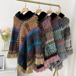 Herfst Winter Capes Nationale Gebreide Mantel Vrouwen Nieuwe Trui Mantel Kwastje Warme Sjaal Imitatie Wol Kraag Poncho