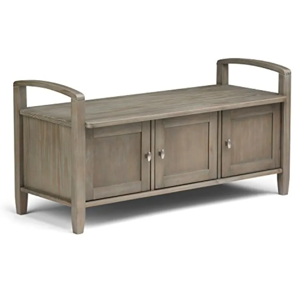 SIMPLIHOME Warm Shaker SOLID WOOD 44 Inch Wide Transitional Entryway Storage Bench in Distressed Grey, For the Living Room