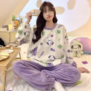 Set von Pyjamas, die für Frauen -Cartoon gedruckt sind und heiße Pyjamas, hohe und feste Hose, weiblicher runder Kragen, Langarm, Hauskleidung, 2 Stücke halten 8 Hauptverkaufs -Pyjama für ältere Frau - №6