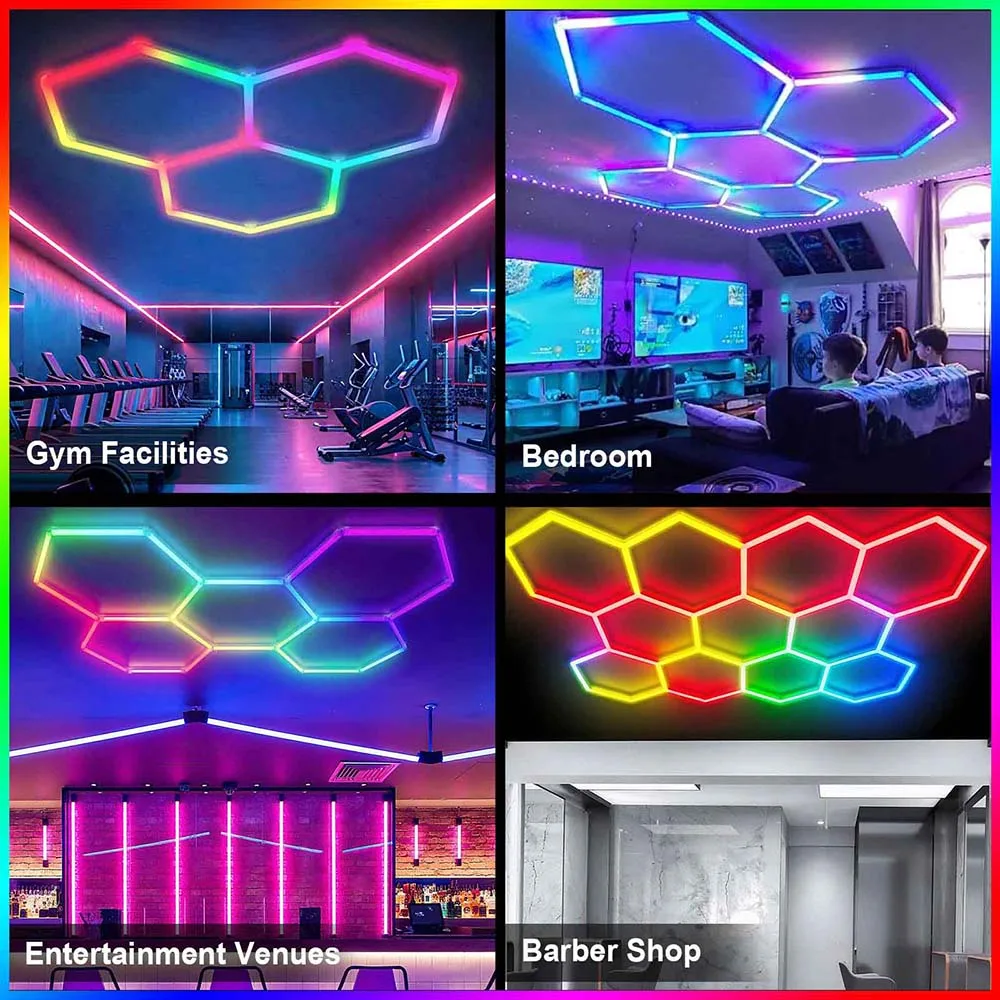 Luz LED hexagonal de panal RGB colorida para garaje, control remoto móvil adecuado para salas de deportes electrónicos, salas de baile, bares y gimnasios