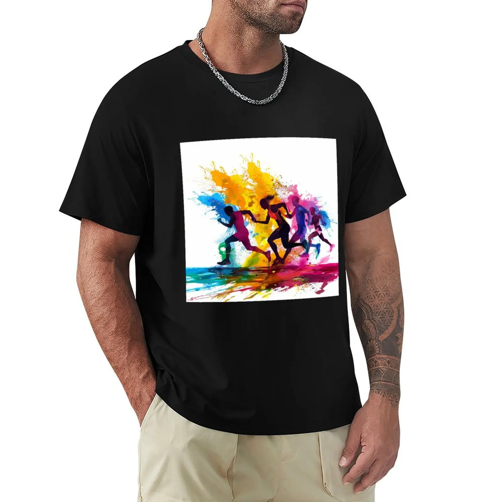 

Runners kicking splashes of colour as they sprint Active Outdoors Inspired Art T-shirt plus size tops mens clothing