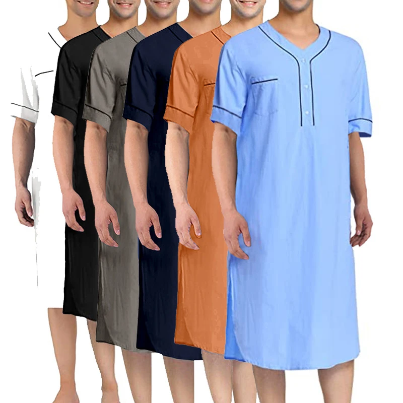 

Summer Short Sleeve Men's Thin Robe Muslim Nightgown Islamic Homewear Loose Jubba Thobe Saudi Arabia Kaftan Homme Kurtas Abaya