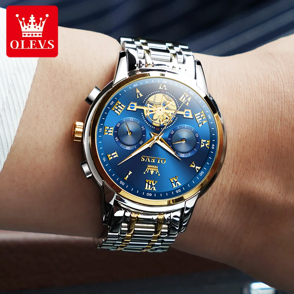 OLEVS – montre de luxe pour hommes, multifonction, étanche, lumineuse, en acier inoxydable, affichage calendrier/semaine, Business Top, Quartz