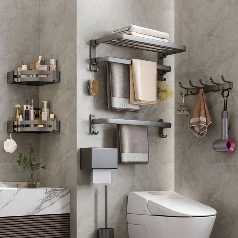 Towel Bars Wall Mounted Bathroom Shelf  Foldable Towel Storage Towel Rack Wall Multifunctional Bathroom Hardware Shelves Rack