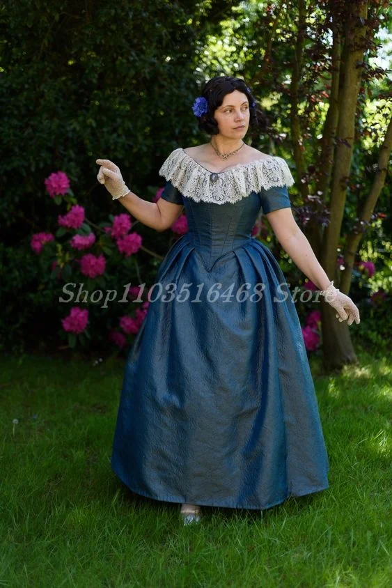 Blue Prom Dress Custom Historic Medieval Dress Prior Attire Designed 1845 Evening Renaissance Corset Corset Corset Satin Gown