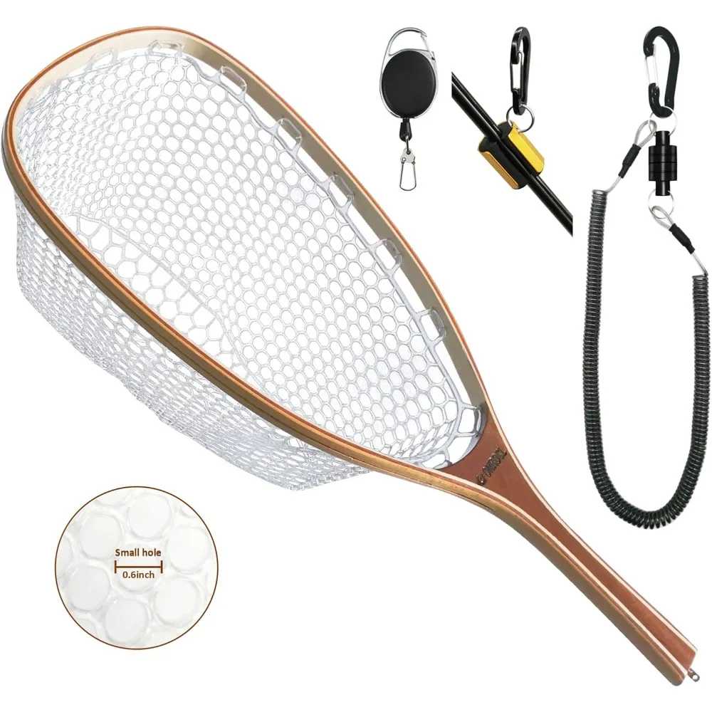 

Fly Fishing Net Trout Net with Magnetic Release and Rod Holder Wooden Frame Landing Net with Soft Rubber Mesh for Catch