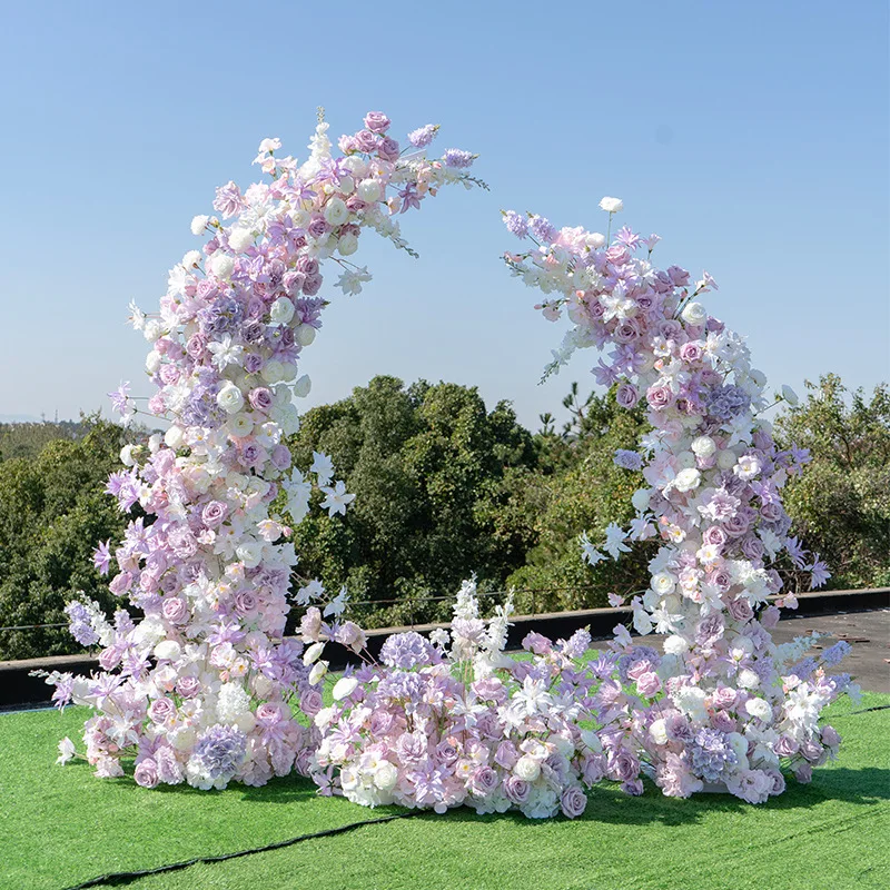 Wedding decoration purple horn arch decoration floral arrangement, outdoor event ceremony wedding with shelf props fake flower