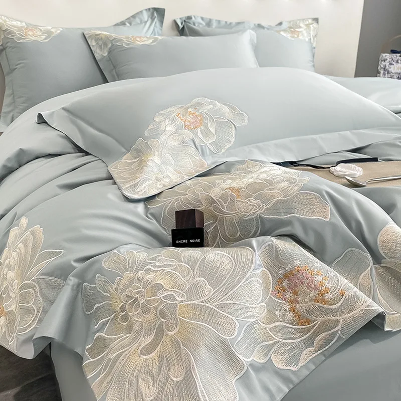 

Four-piece set of solid color sheets on the four-season long-staple cotton bed 100 satin embroidered quilt cover
